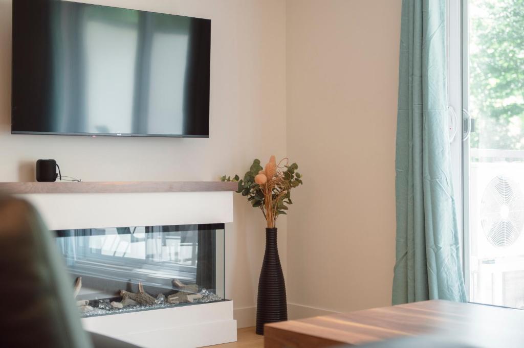 a living room with a tv above a fireplace at 200-214 - Le Niveau 2 in Beaupré