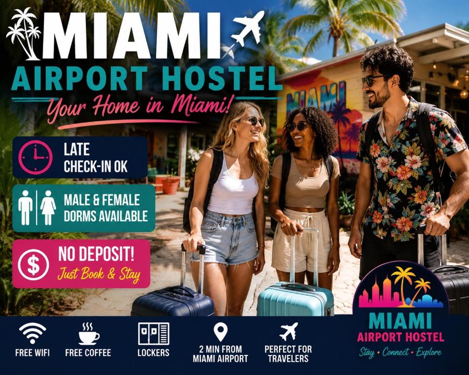 a poster for a miami airport hotel with two people with luggage at Miami Airport Hostel- Late Check in Ok- Female Dorms - Men Dorms - No Mix Under New Management in Miami