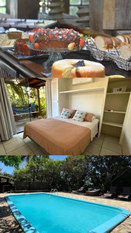 two pictures of a room with a bed and a swimming pool at Pousada Rosa in Praia do Rosa