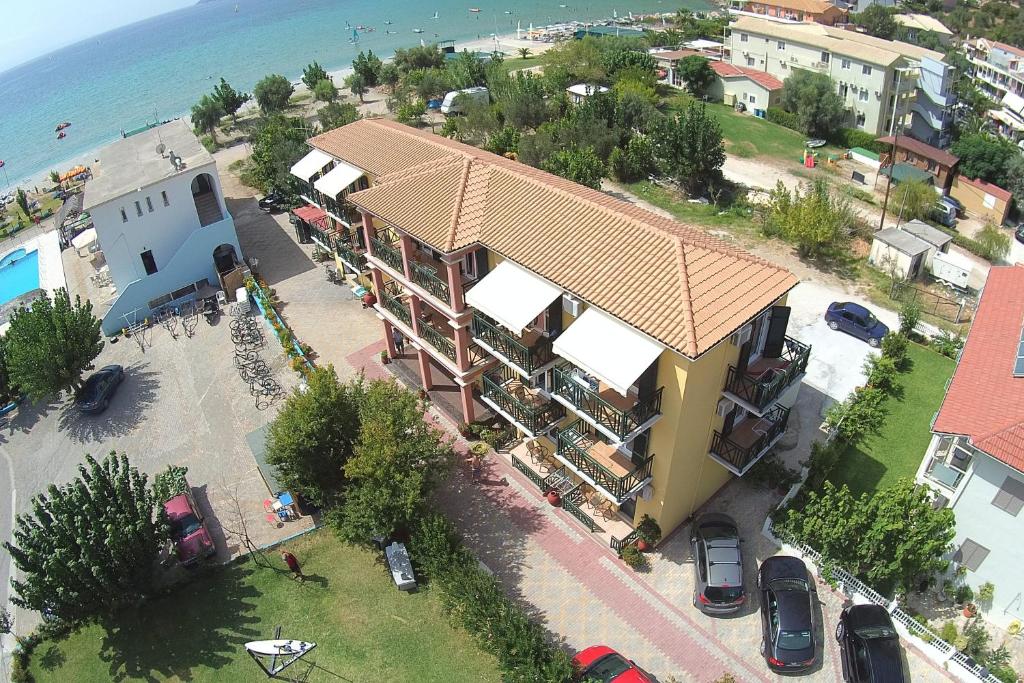 an overhead view of a building with a roof at Bayside Apartments in Vasiliki