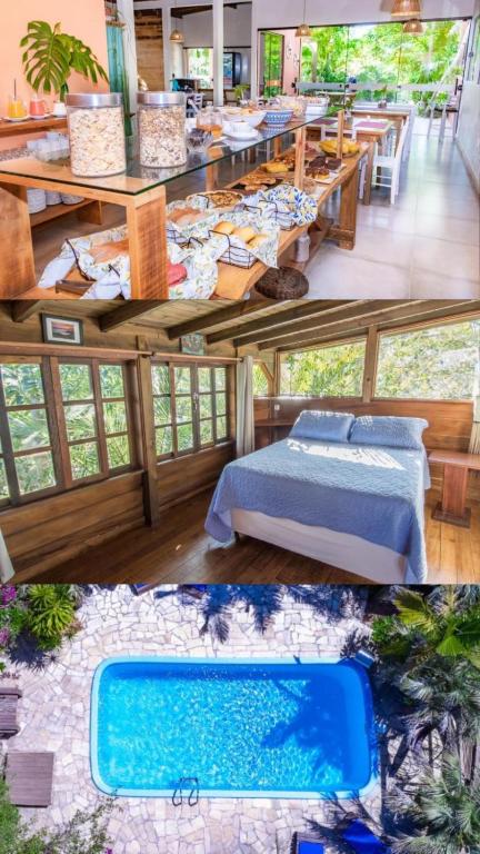 a room with a bed and a swimming pool at Pousada Morro das Palmeiras in Praia do Rosa