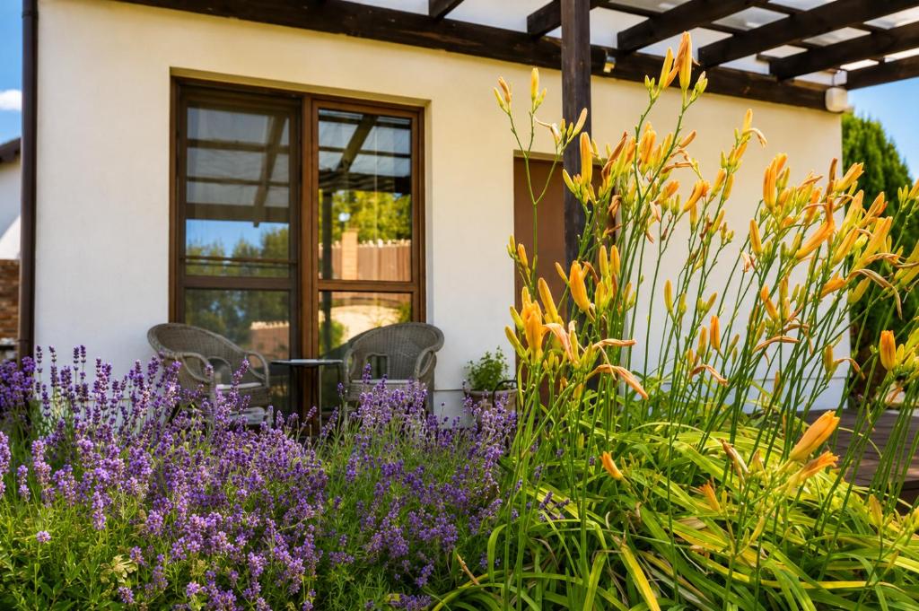 a garden with purple flowers in front of a house at Widokówka in Tarnobrzeg