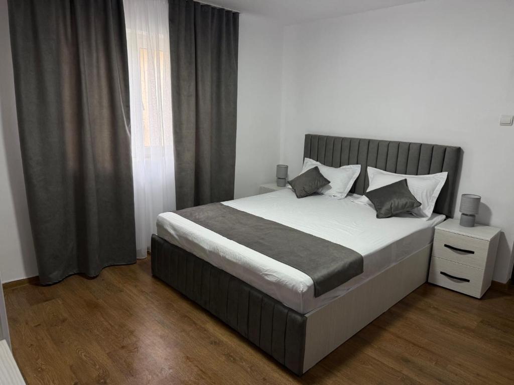 a bedroom with a large bed and a window at Casa David in Mălăeşti