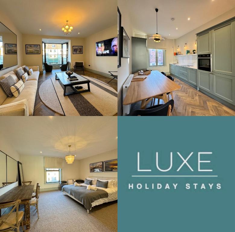 a collage of three pictures of a living room at Priory Castle Apartment, Tynemouth in Tynemouth
