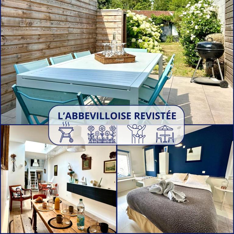 a collage of pictures of a house with a blue table at Maison de charme 8p Jardin Baie de Somme in Abbeville