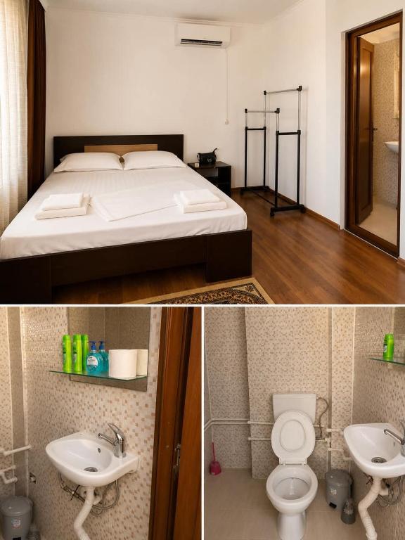 two pictures of a bedroom with a bed and a sink at Tropicana in Mamaia