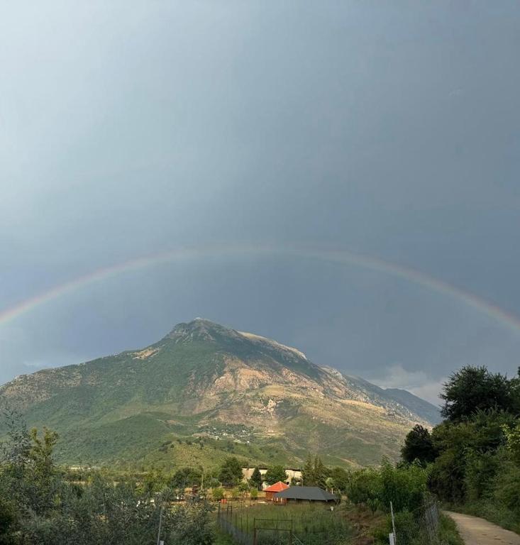 a mountain with a house in front of it at Vjosa Valley Glamping in Tepelenë