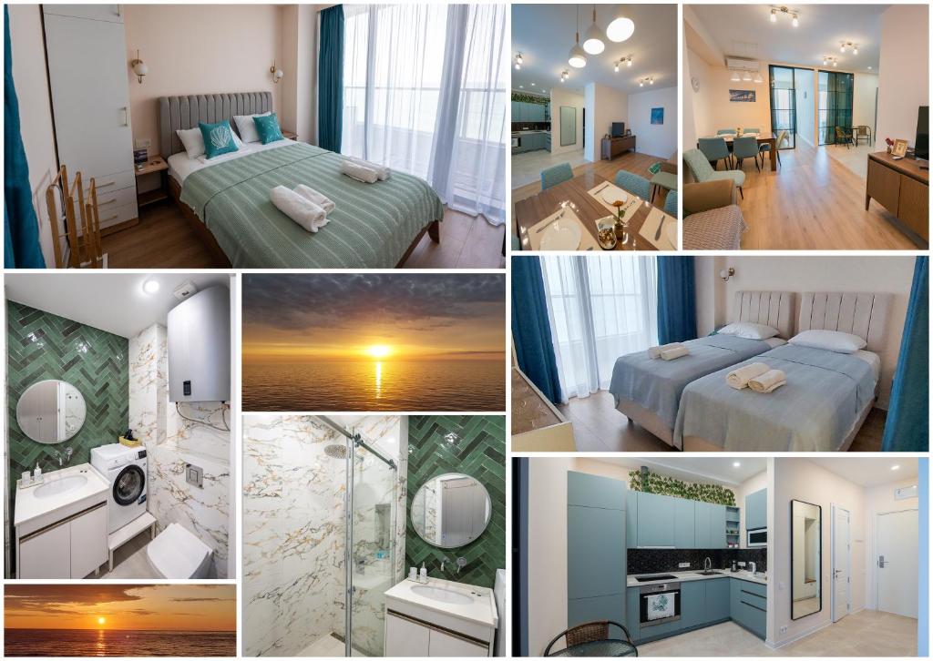 a collage of photos of a hotel room at 3-Room Seaview Apartment at Bamboo Beach in Ts'ikhisdziri