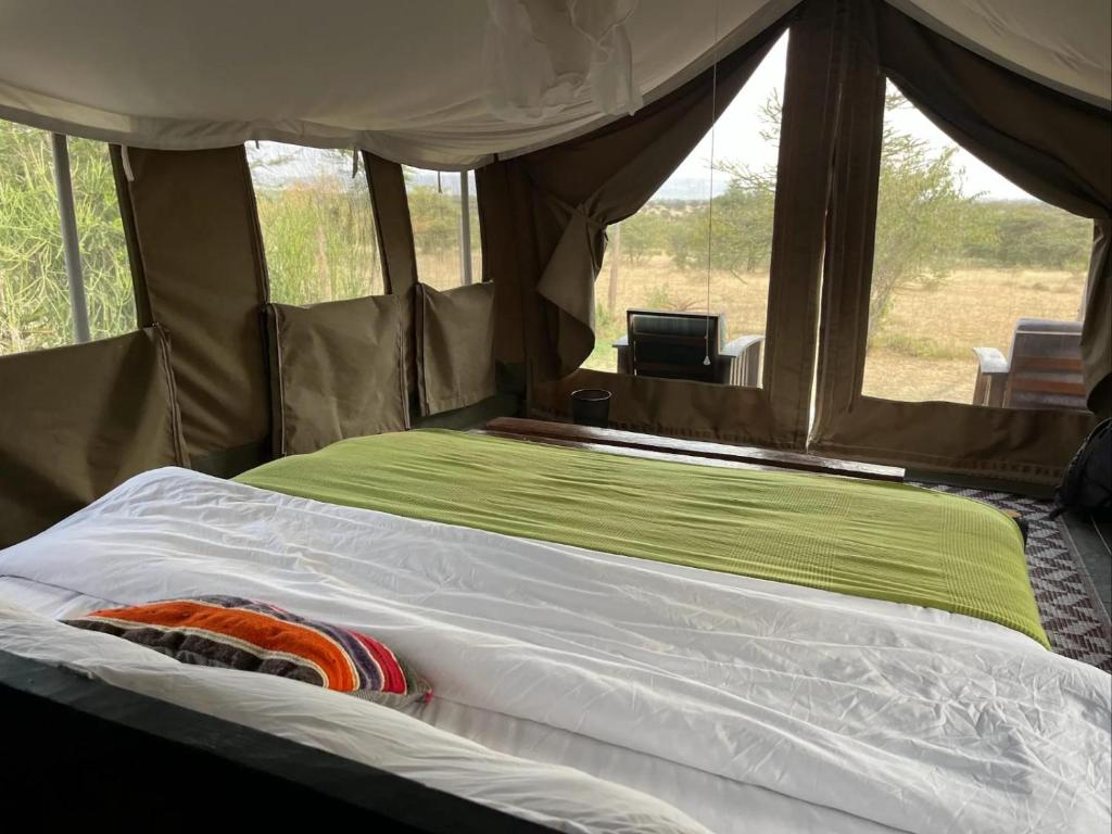 a bed in a tent with a window at Kambu Mara Camp in Sekenani