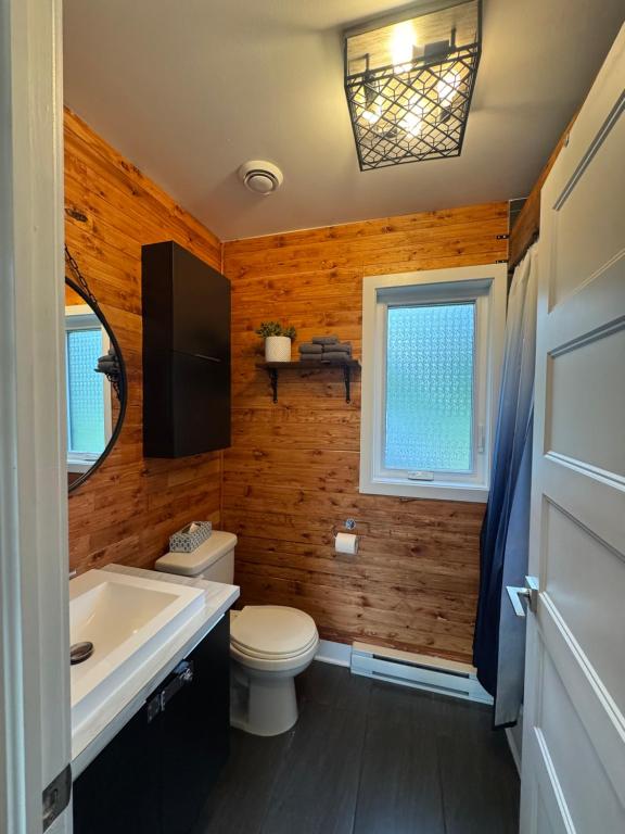 a bathroom with a white toilet and a sink at Le Béluga in Saint-Calixte