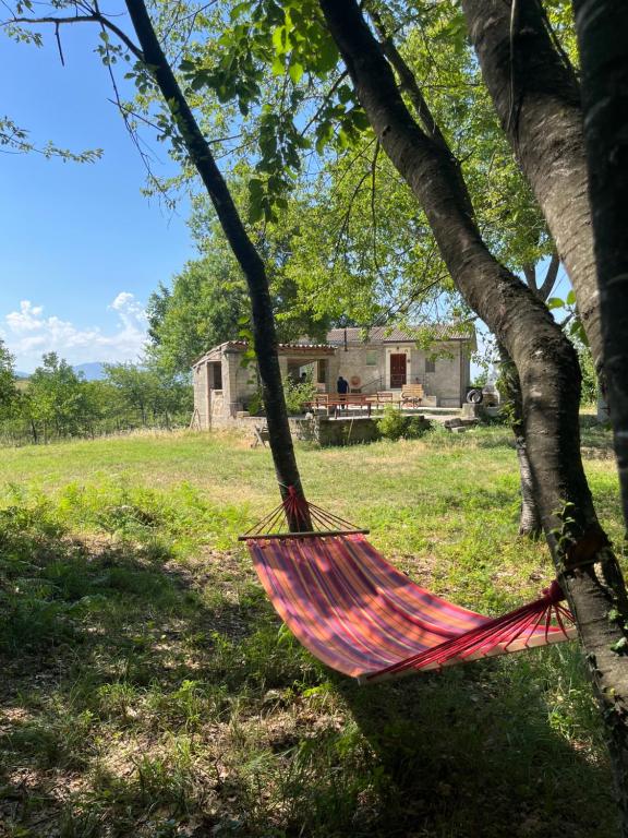 a hammock hanging from a tree in front of a house at La Radura in Roccamorice