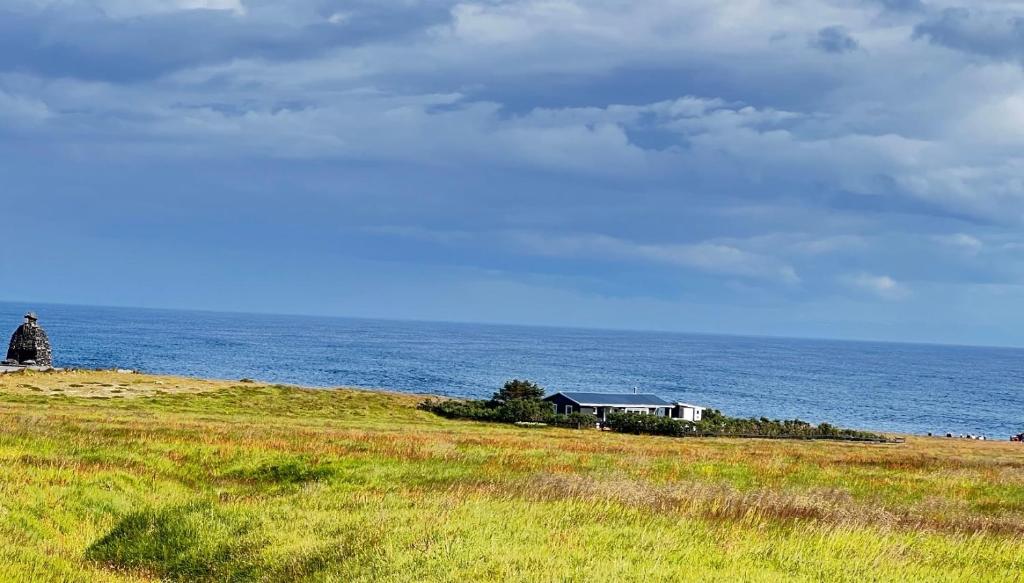 a house on a hill next to the ocean at Nónhóll - Ocean View Cottage in Arnarstapi in Stapi