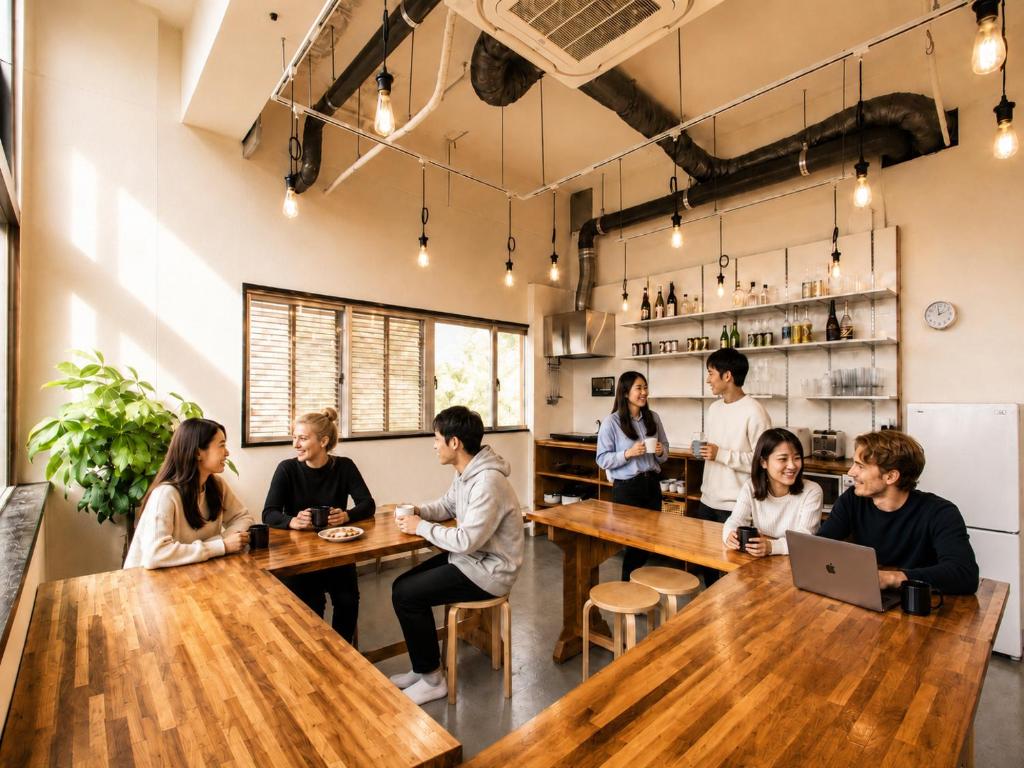 a group of people sitting at tables in a restaurant at Ishigaki Guesthouse HIVE in Ishigaki Island