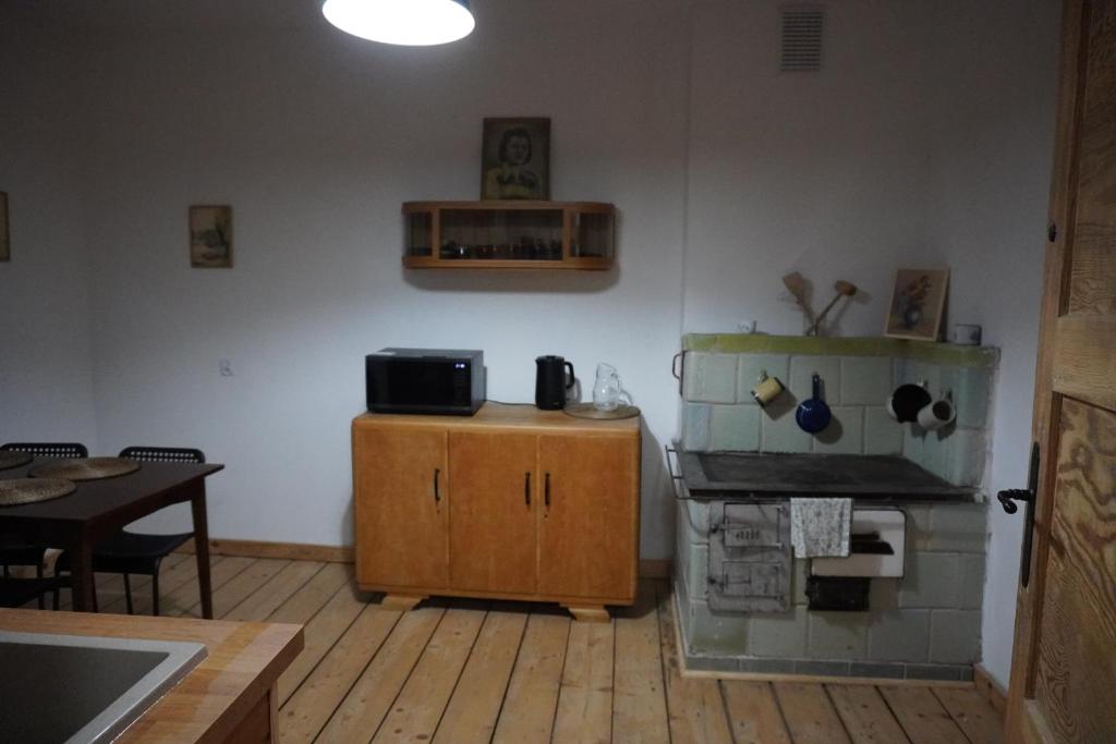 a kitchen with a stove and a table in it at Odpocznij w Gołdapi in Gołdap