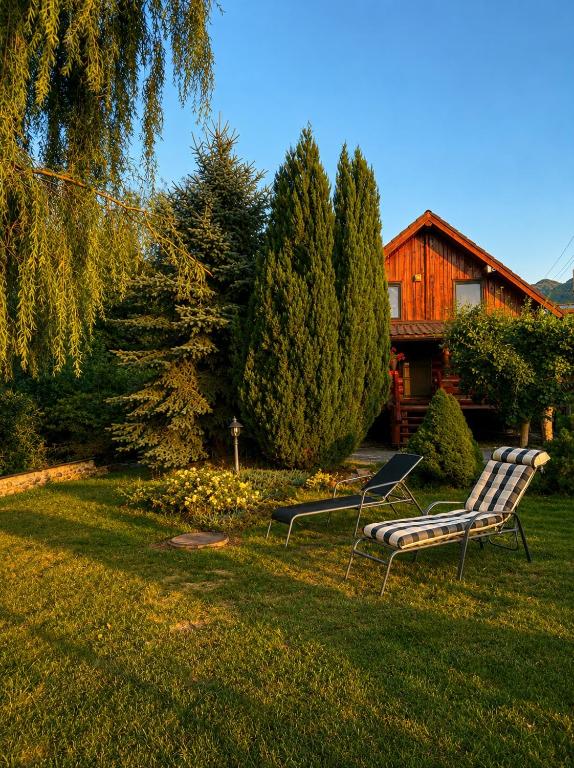 two lounge chairs in the grass in front of a house at Wolf's House in Gura Râului