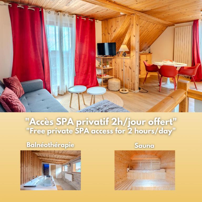 a living room with red curtains and a couch at RIESLING - Vue imprenable sur le vignoble - rénové récemment - parking gratuit in Riquewihr