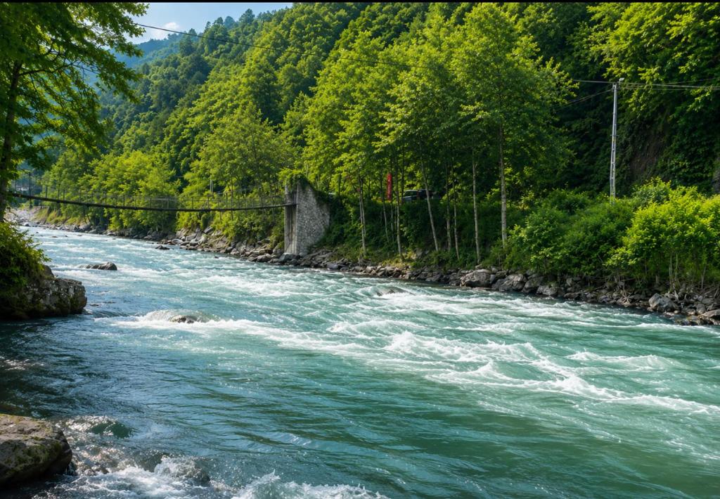 a river with a bridge next to a forest at MOLVA Bungalows Otel in Çamlıhemşin
