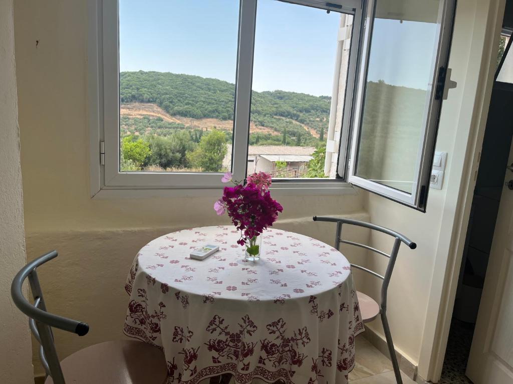 a table with a vase of flowers on it in front of a window at Polylimnio landscape in Groustésion