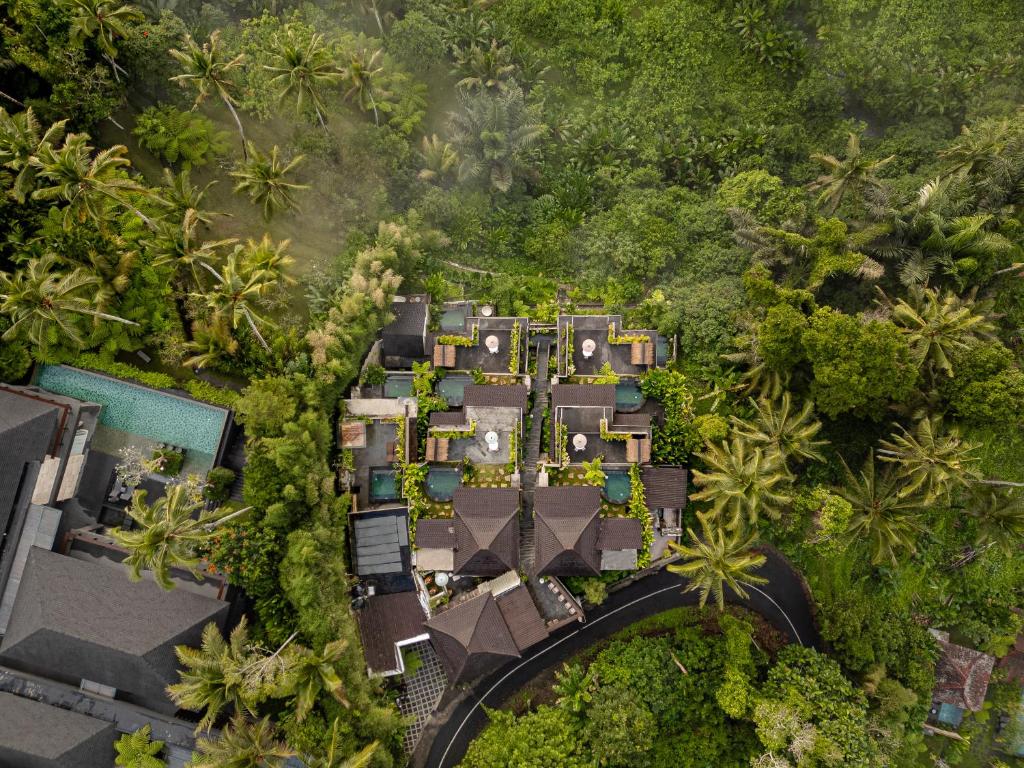 an aerial view of a resort in the jungle at Legong Sebatu Villa in Ubud