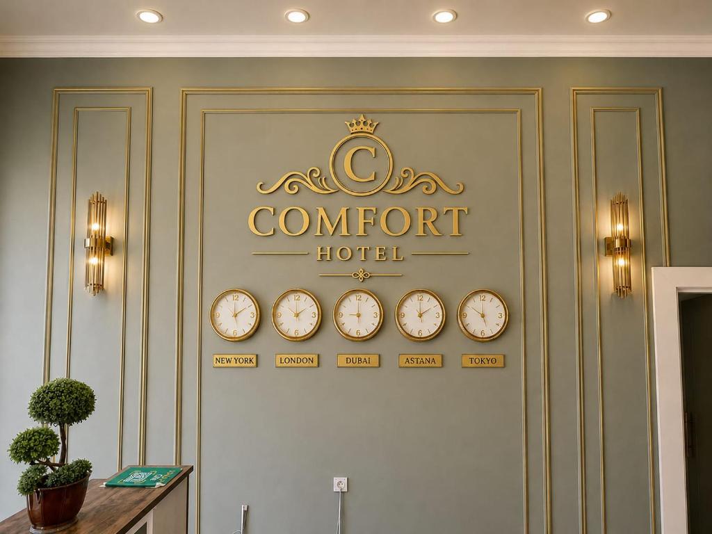 a group of clocks on the wall of a hotel at Comfort Hotel in Türkistan