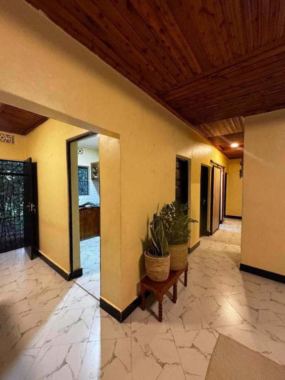 a hallway with two potted plants on a building at Paki hotels moshi in Msaranga