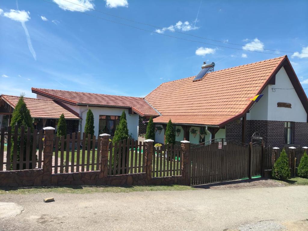 a house with a wooden fence and a brown roof at Pensiunea Narcisa cu Ciubar in Mălăeşti
