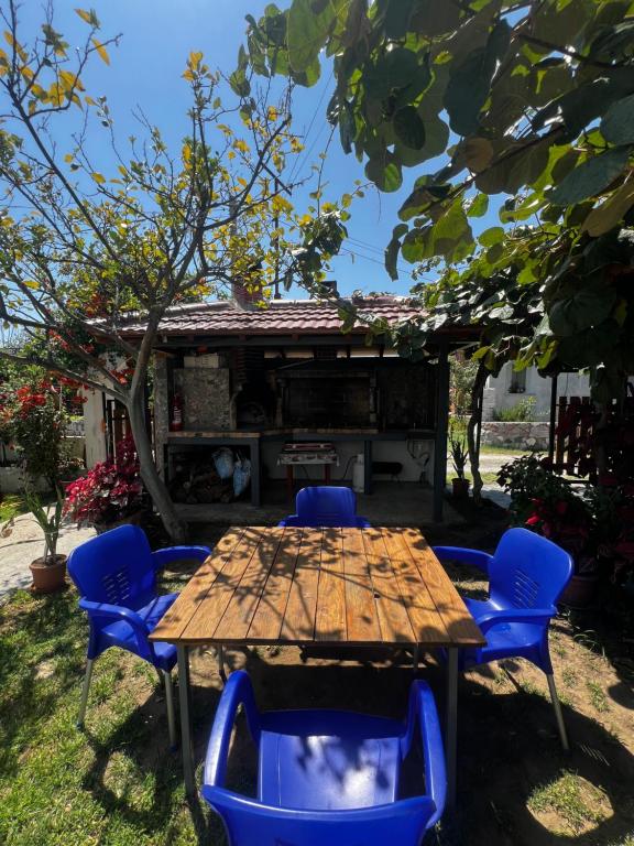 a wooden table and blue chairs in a yard at Eli Apartments in Tale
