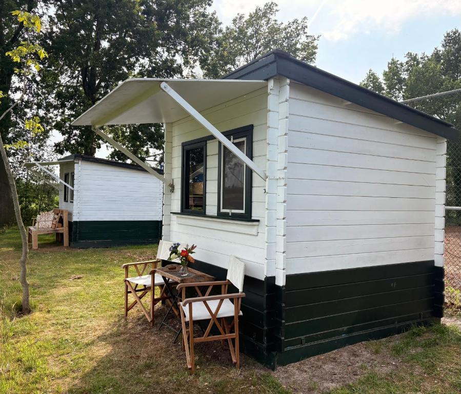 a tiny house with a table and two chairs at Dekema Equestrian Trekkershutjes in Gorredijk