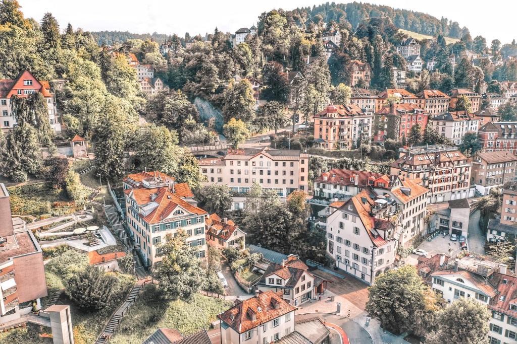 an aerial view of a town in the mountains at TouchBed in St. Gallen