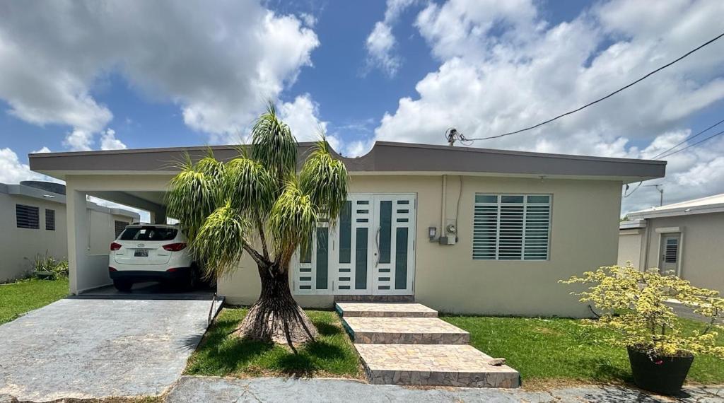 a house with a palm tree in front of it at Modern Apartment in Las Piedras in Las Piedras