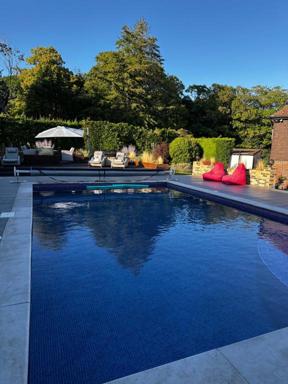 a swimming pool with blue water in a yard at Tree Top & Bluebell Cottages in Grange Road Station