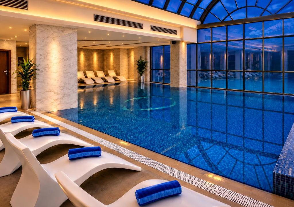 ein Swimmingpool in einem Hotel mit Stühlen drumherum in der Unterkunft Century Hotel Doha in Doha