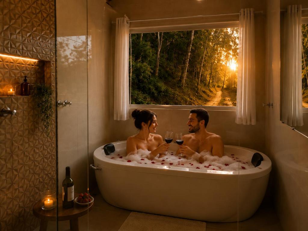 a man and woman sitting in a bath tub with wine glasses at Chalé Céu de Minas in Visconde De Maua