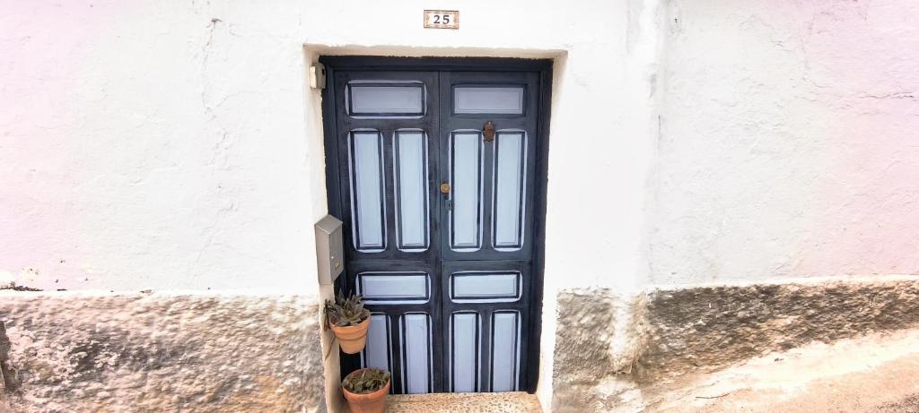 a blue door in a white building with potted plants at Casa Diafa in Órgiva