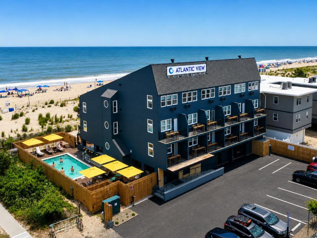 an aerial view of a hotel and the beach at Atlantic View Hotel in Dewey Beach