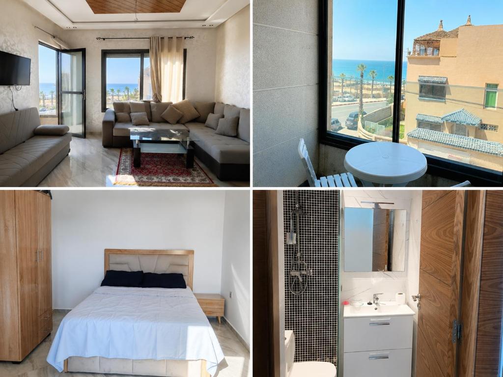 a bedroom and a living room with a bed and a couch at Mehdia Beach Apartment in Kenitra
