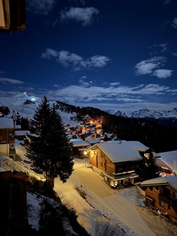 a small town in the snow at night at Chalet Adler Bettmeralp 2 Schlafzimmer in Bettmeralp