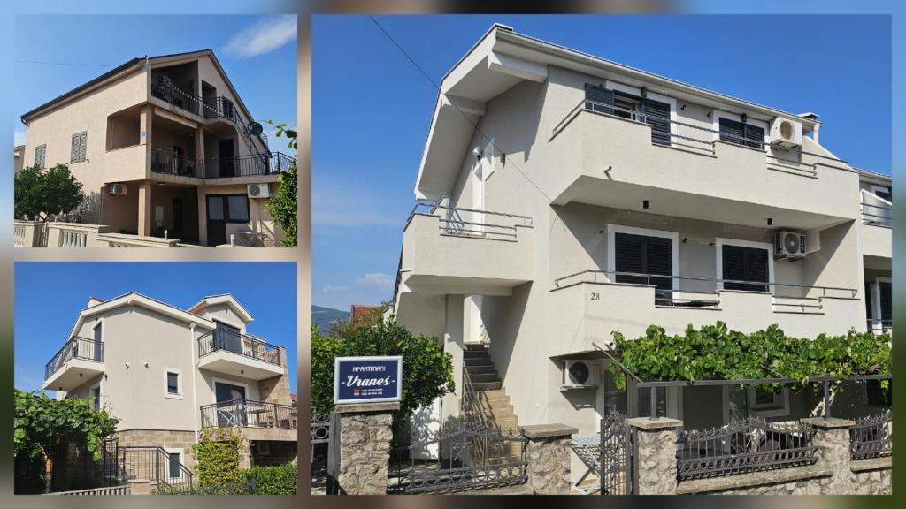 two pictures of a white building with a sign in front at Apartments Vraneš Tivat in Tivat