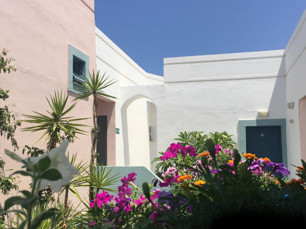 un jardin avec des fleurs en face d'une maison dans l'établissement Hotel Kleopatra, à Stalós
