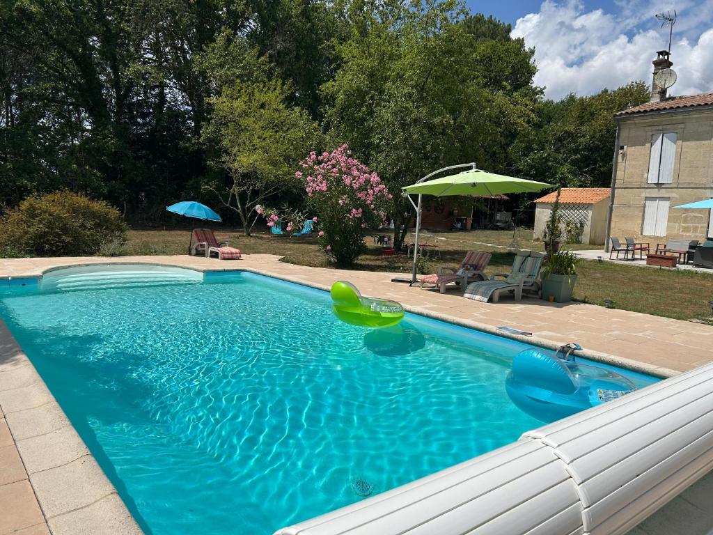 a swimming pool with a green toy in a yard at Sérénité in Saint-Vivien-de-Blaye