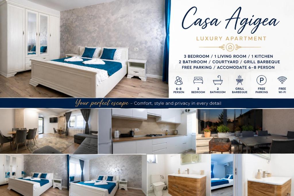 a collage of photos of a bedroom and a living room at Casa Agigea in Agigea