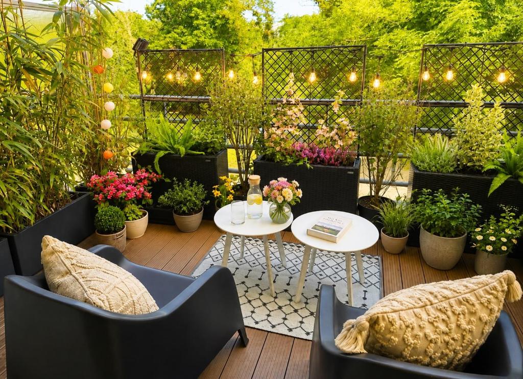 a patio with a table and chairs and potted plants at Petit Cocon des Rives Proche Stanislas-terrasse & parking gratuit in Nancy