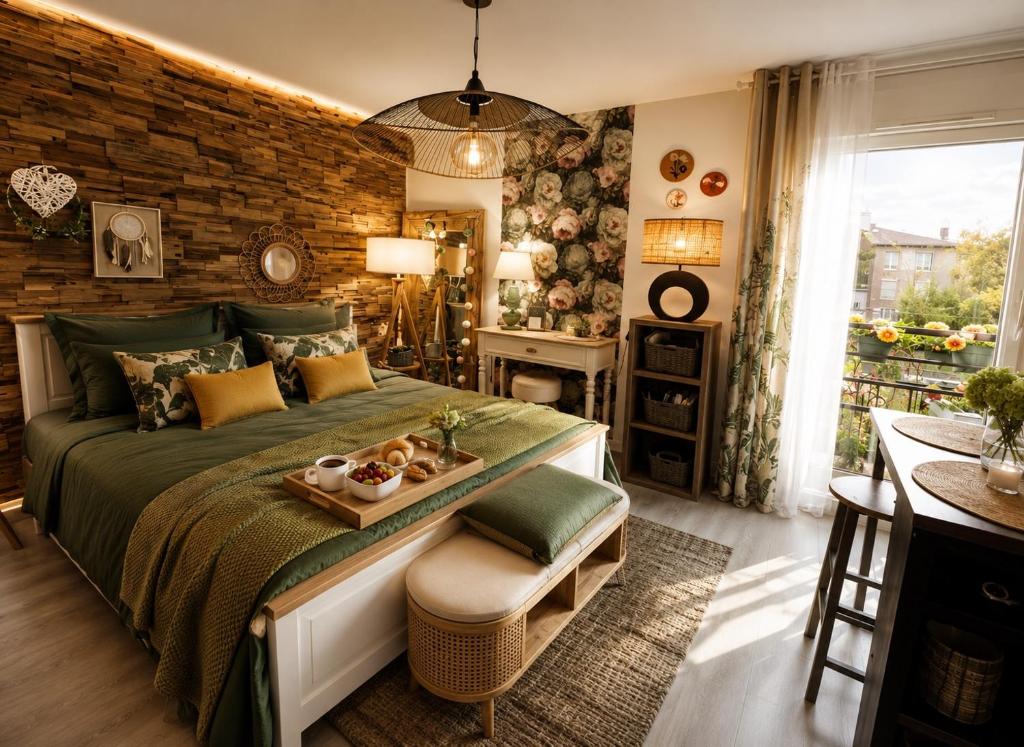 a bedroom with a bed and a brick wall at Petit cocon cosy proche place Stanislas-Parking & cave vélos in Nancy