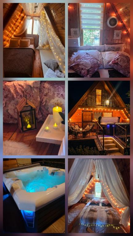 a collage of pictures of a hotel room with a hot tub at Napsugár Kakasvár in Orosháza