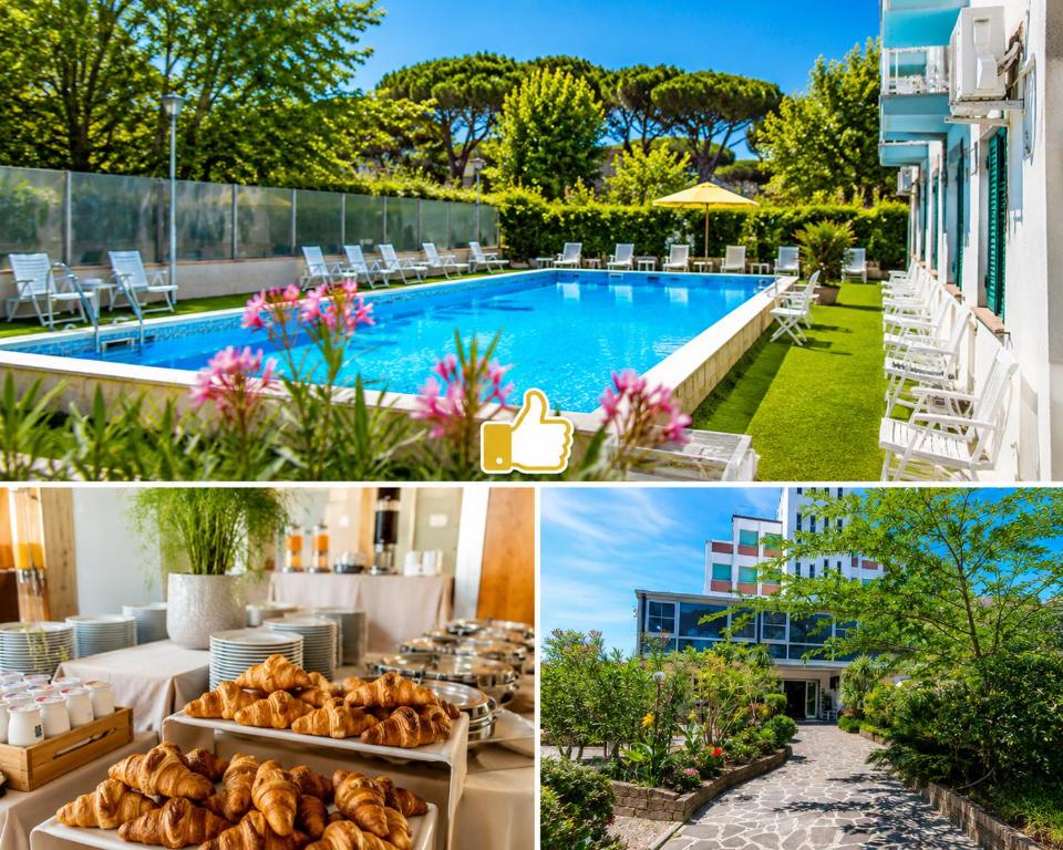a collage of photos with a pool and a hotel at B&B Promenade Hotel Simple con Piscina in Milano Marittima