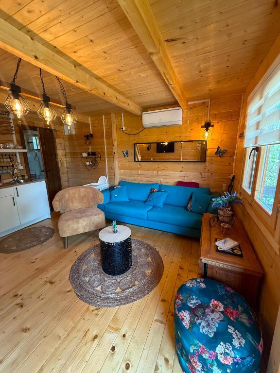 a living room with a blue couch and a table at Woodhouse Maja in Virpazar