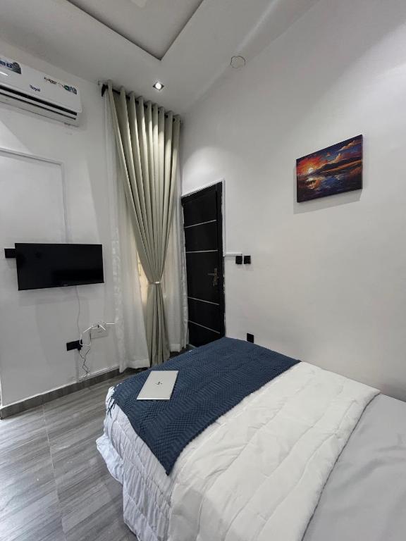 a bedroom with a bed and a flat screen tv at Tameeza stays in Sangotedo