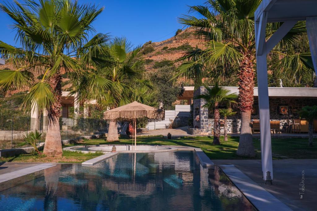 a resort with palm trees and a swimming pool at Blue Vedere in Agia Pelagia