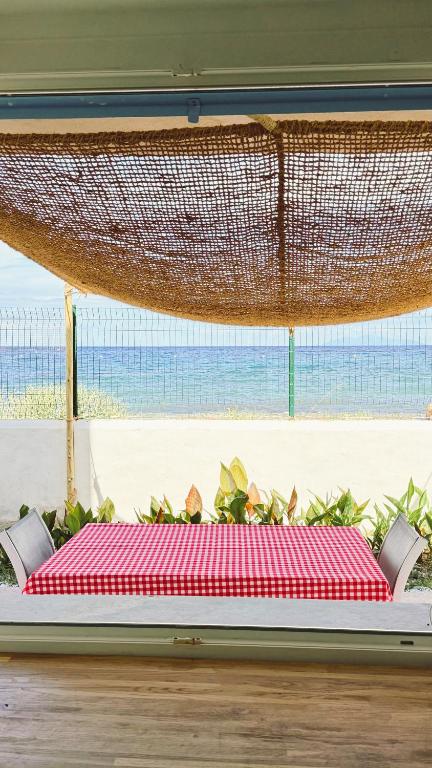 a red bench with plants on it in front of a window at Cap Almyra, on Lavasina Beach, Erbalunga in Brando
