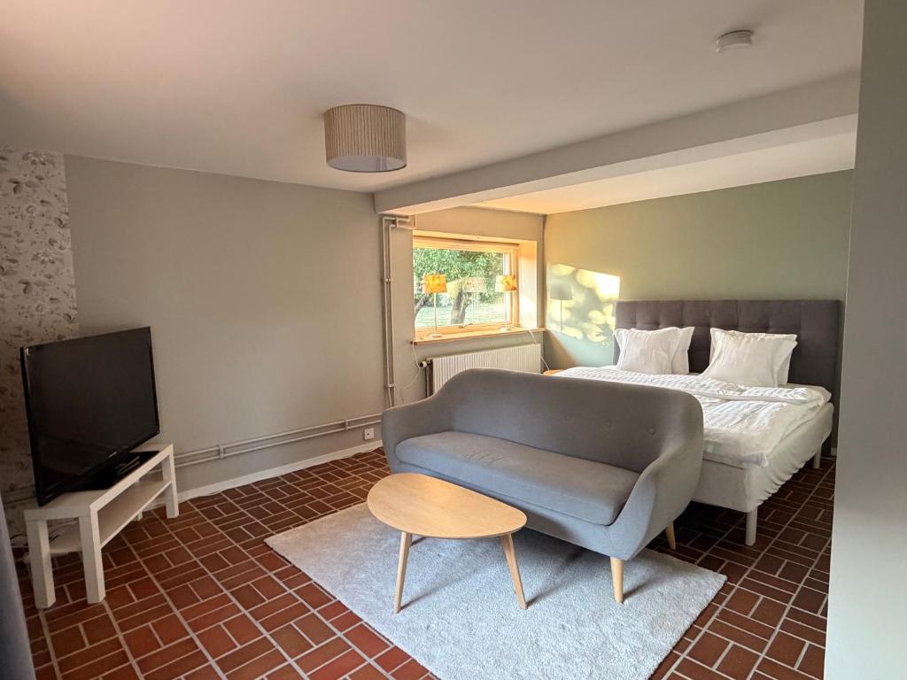 a bedroom with a bed and a couch and a tv at Gästis in Borrby